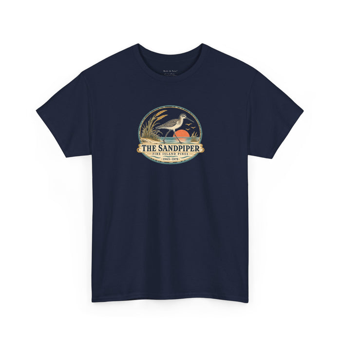 Front of the Sandpiper Fire Island Pines vintage T-shirt featuring a shorebird, setting sun, dune grass and the dates 1965–1979