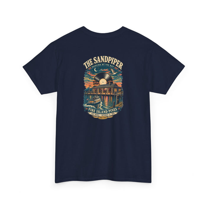 Back of the Sandpiper Fire Island Pines T-shirt featuring a ferry, waterfront disco, vinyl record and Last Dance October 27, 1979 artwork