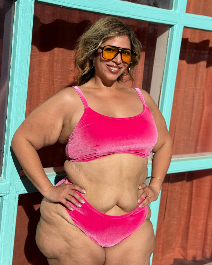 Tickle Me Pink Velvet Scoop Bikini Top