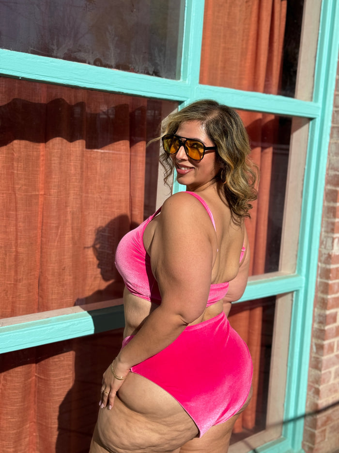 Tickle Me Pink Velvet Scoop Bikini Top