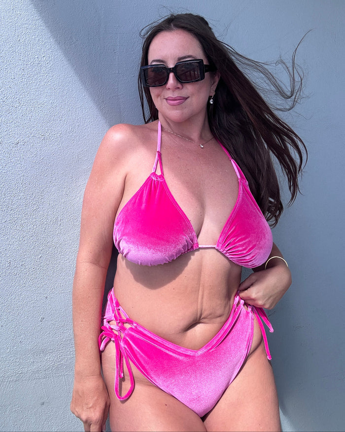 Tickle Me Pink Velvet Triangle Bikini Top