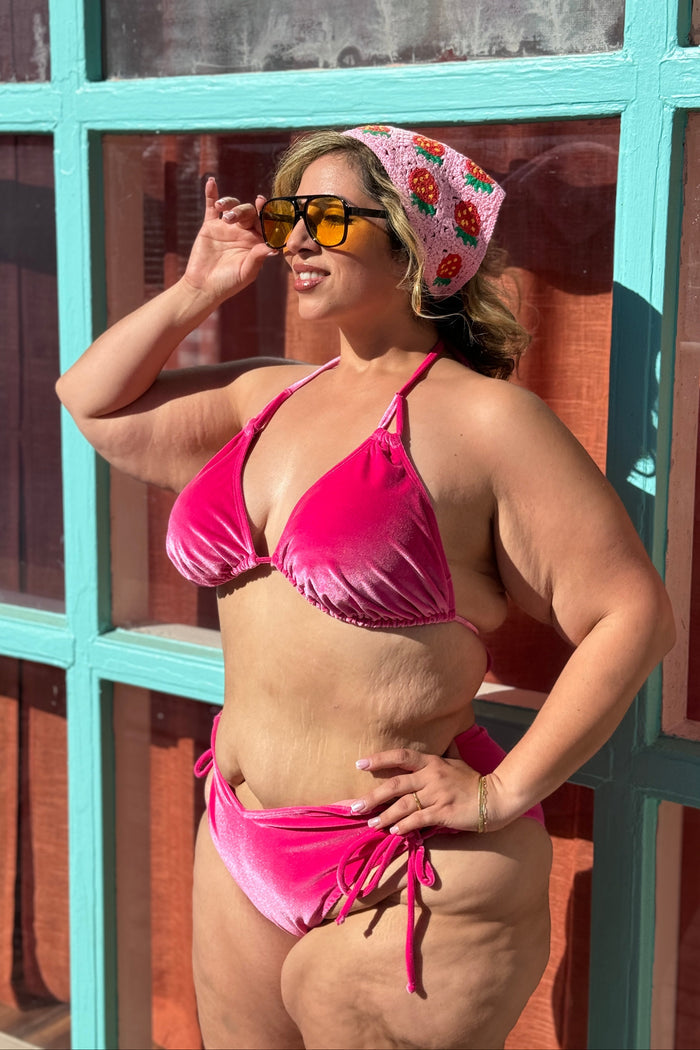 Tickle Me Pink Velvet Triangle Bikini Top