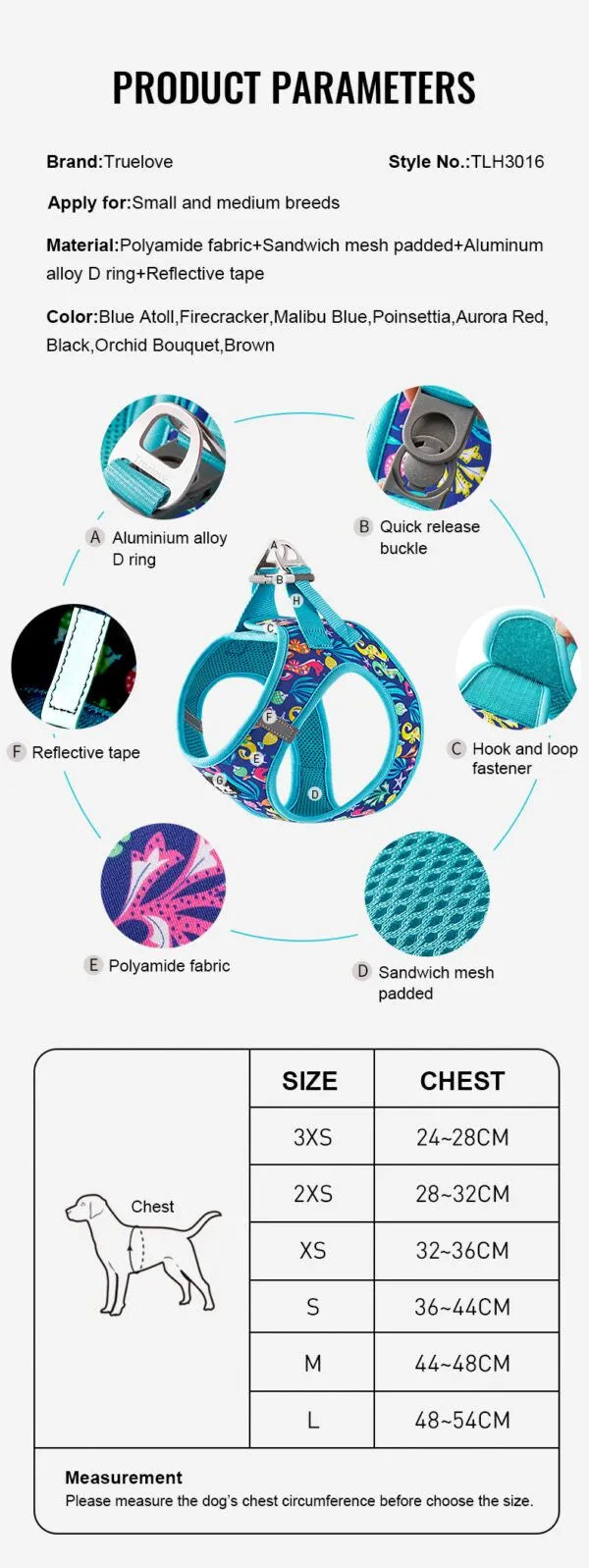 TrueLove Floral Print Mesh Dog Harness TLH3016- Blue Atoll - Dog.Dog.Cat.