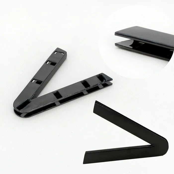 Ani Accessories V-Shaped Elegant Metal Black Buckle backside image with focus on the tip of the buckle in the white background.