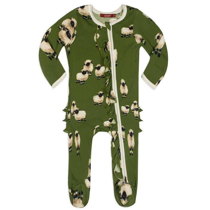 Valais Sheep Bamboo Ruffle Zipper Footed Romper - Babies in Bloom