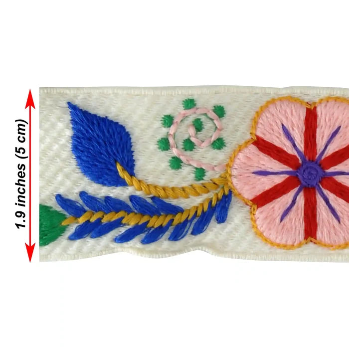 Crochet lace with embroidered floral design with blue, pink, and red colors on a white background| Ani Accessories