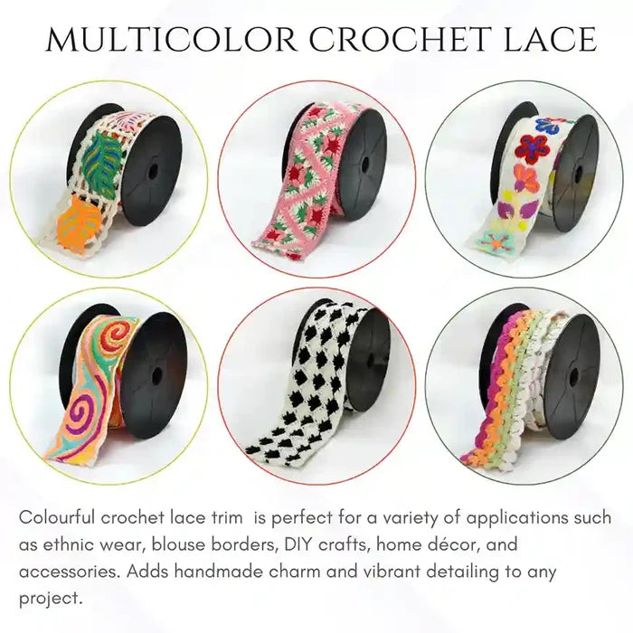 Multicolor all design crochet lace on spools with text describing its uses | Ani Accessories
