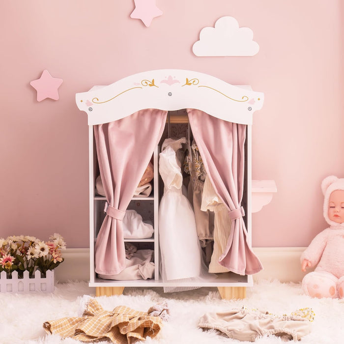 Robud Vikki doll wardrobe with pink velvet curtains open, revealing floral interior and hanging rail
