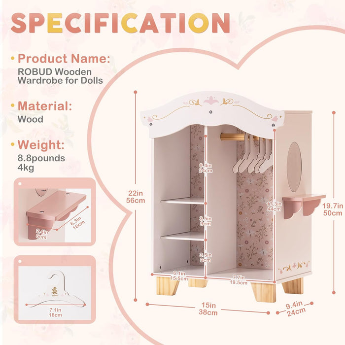 Robud Vikki wardrobe specification panel listing product name, wood material and weight details