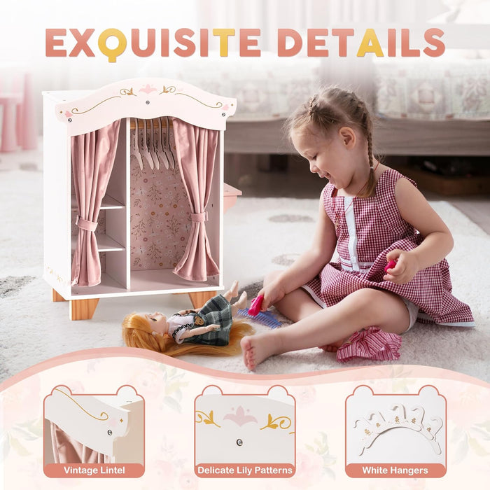 Robud doll wardrobe exquisite details callout showing floral lining, curtain ties and mini hangers