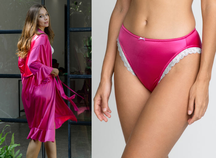 Hot pink lace-trim thong panties with small bow at waistband