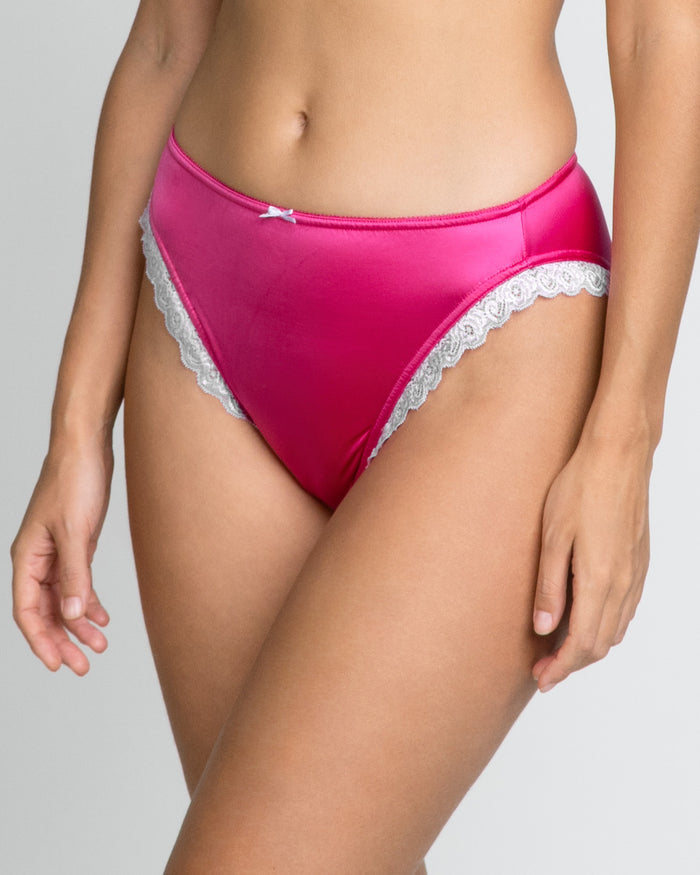Hot pink bikini thong with lace side trim and bow at waistband