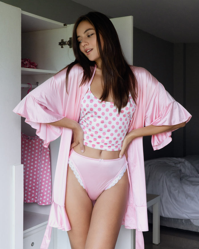 Light pink polka-dot crop top with lace-trim thong