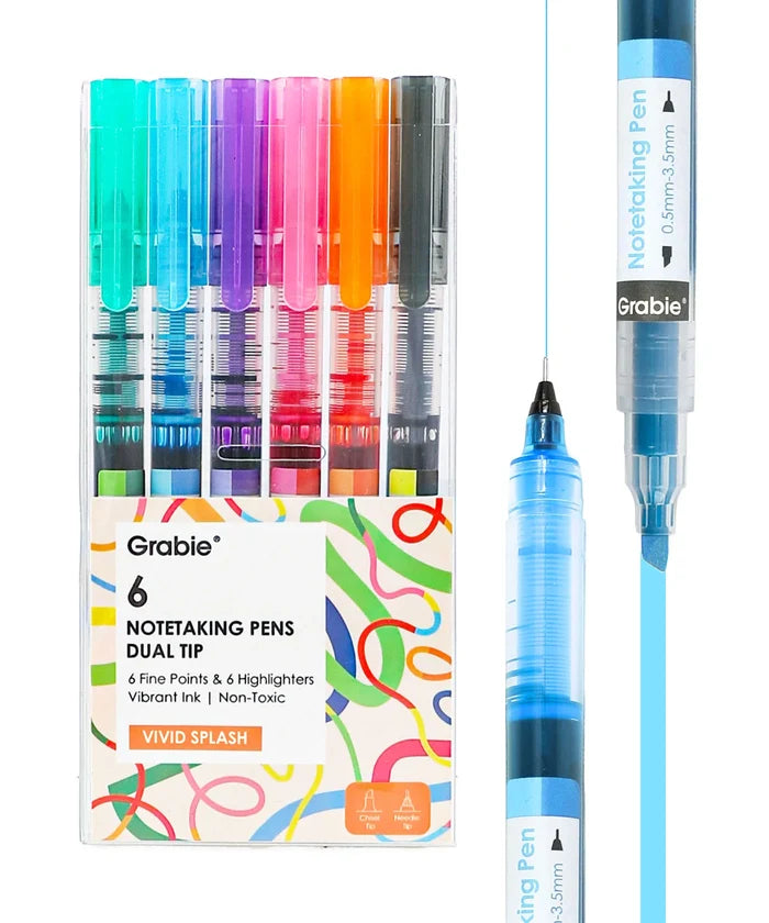 Vivid Splash Dual-Tip Notetaking Pen Set of 6