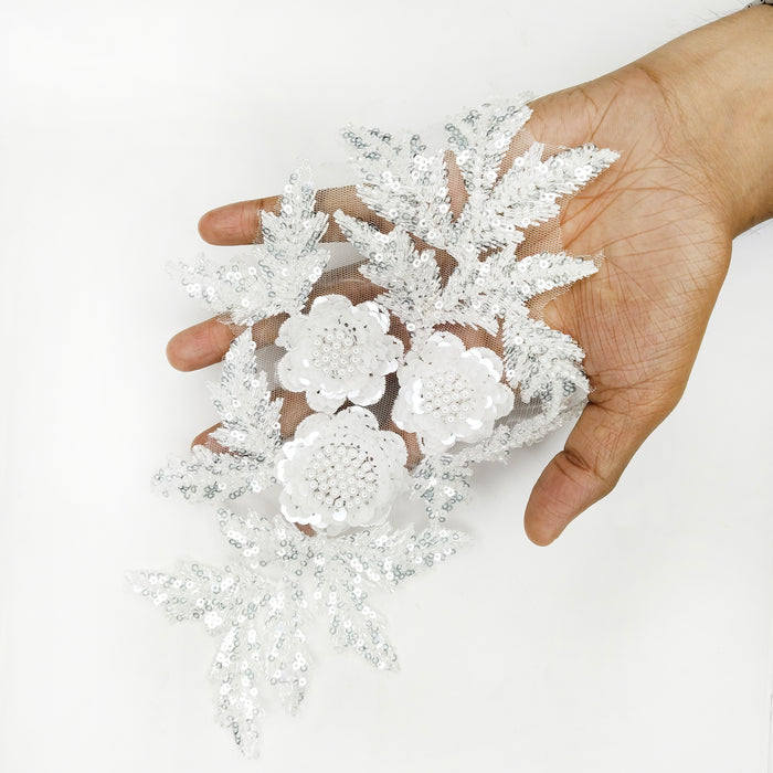 White Beaded Floral Applique with Sequins Patch