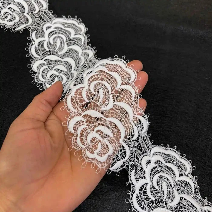 White Floral with Rose Pattern Lace | Width 9.6cm (3.8 inches) 96mm | SKU-FML-12