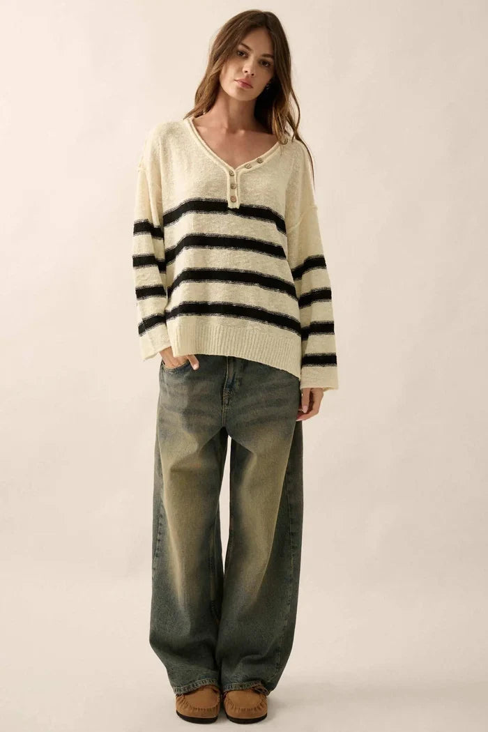 Winning Streak Loose-Fit Striped Henley Sweater - ShopPromesa
