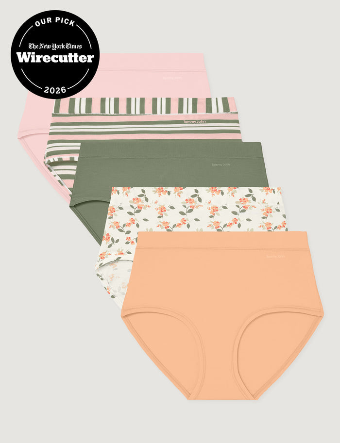 Women's Cool Cotton High Rise Brief (5-Pack)::Rosewater/Chintz Rose Varsity Stripe/Oil Green/Coconut Milk Camellias/Cream Blush
