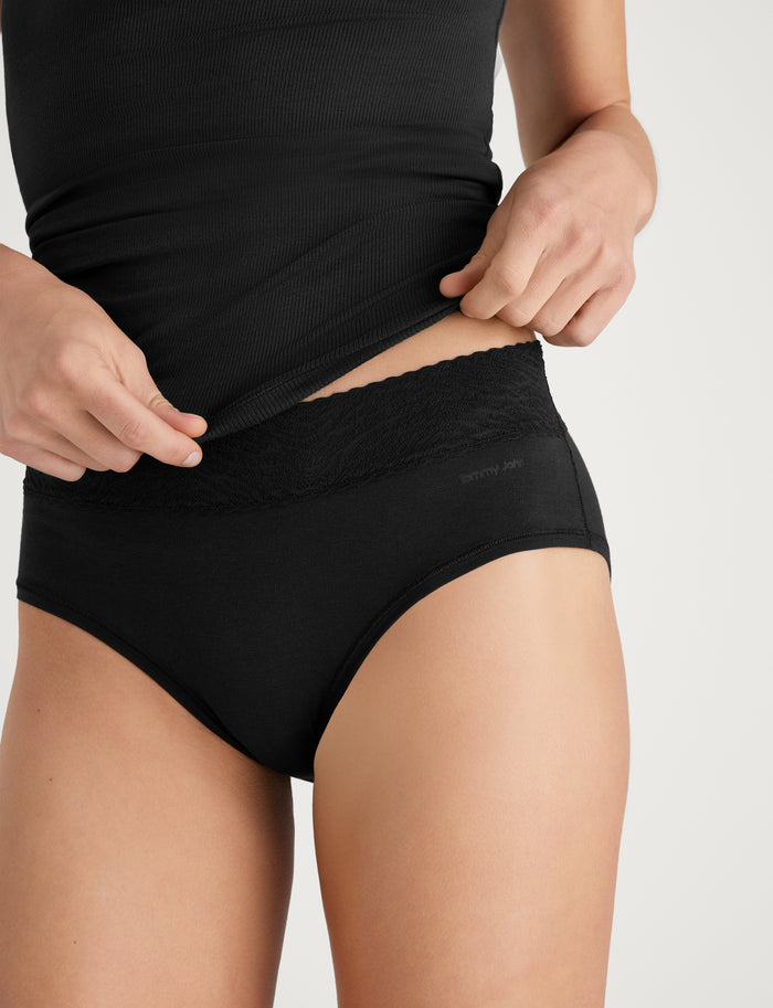 Women's Cool Cotton High Rise Brief, Lace Waist::Black Lace Waist
