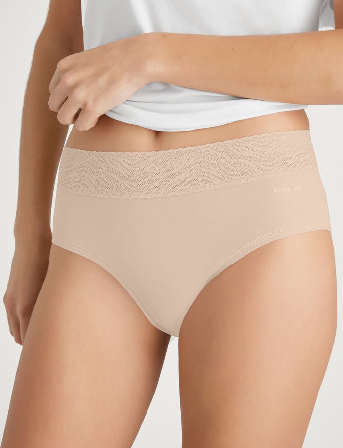 Women's Cool Cotton High Rise Brief, Lace Waist::Shifting Sand Lace Waist