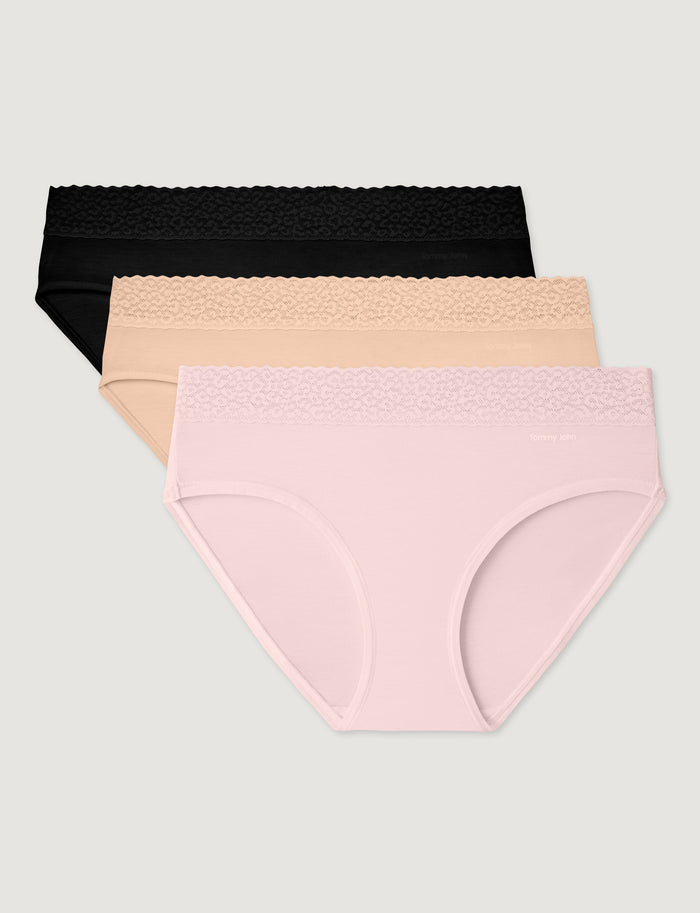 Women's Second Skin Brief, Lace Waist (3-Pack)::Black/Maple Sugar/Rosewater Lace Waist