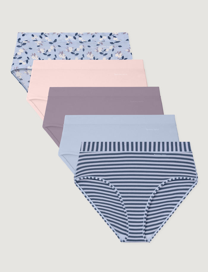 Women's Second Skin High Rise Brief (5-Pack)::Camellias/Rosewater/Nirvana/Halogen Blue/Stripe