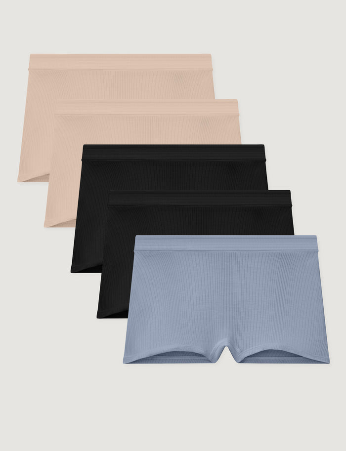 Women's Second Skin Luxe Rib Boyshort (5-Pack)::Shifting Sand/Black/Blue Blizzard