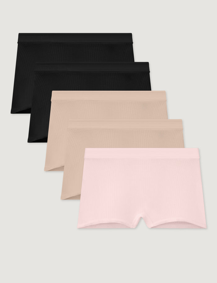 Women's Second Skin Luxe Rib Boyshort (5-Pack)::Black/Shifting Sand/Rosewater Luxe