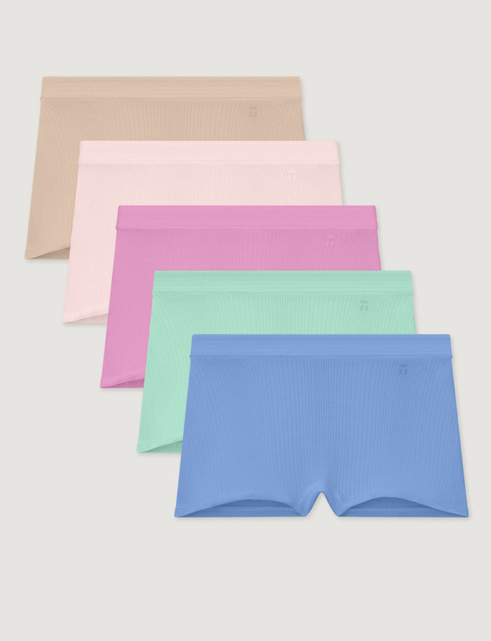 Women's Second Skin Luxe Rib Boyshort (5-Pack)::Shifting Sand/Rosewater/Lilac Chiffon/Brook Green/Vista Blue Luxe