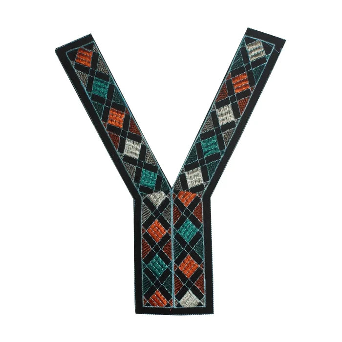 Y shape embroidery multicolor V neckline yoke with intricate threadwork, elegant finish, ideal for ethnic dresses