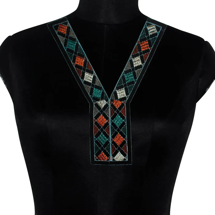 Designer Y shape multicolor embroidery V neckline yoke adding vibrant charm to traditional outfits beautifully