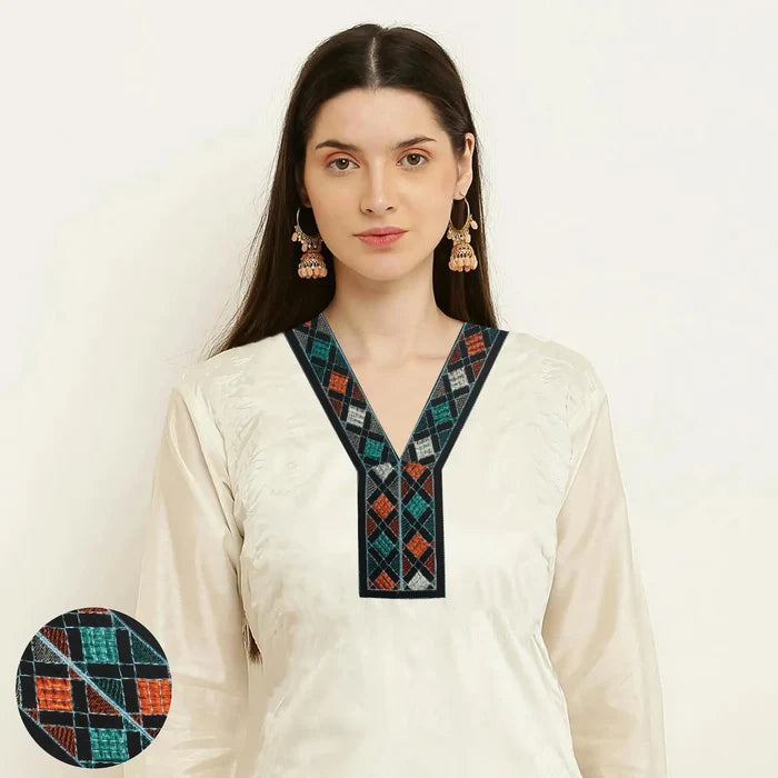 Elegant Y shape embroidery multicolor V neckline yoke with fine craftsmanship for ethnic garment designs on model