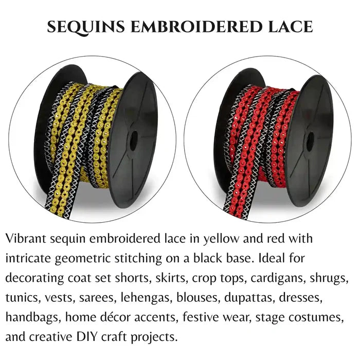 Yellow Crimson Embroidery Mirror Lace | 2 Meters